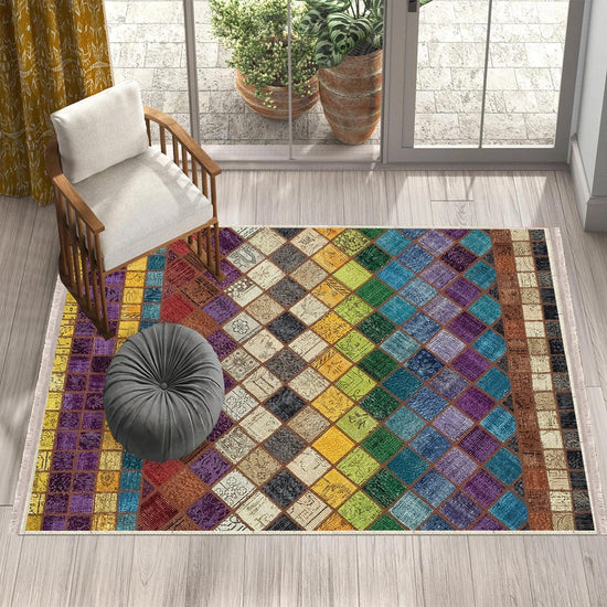 Colorful Retro Patchwork Design Kilim Area Rug Runner, Boho Accent Carpet, Unique Room Mat, Washable Anti-Slip Rug with pillow case gift