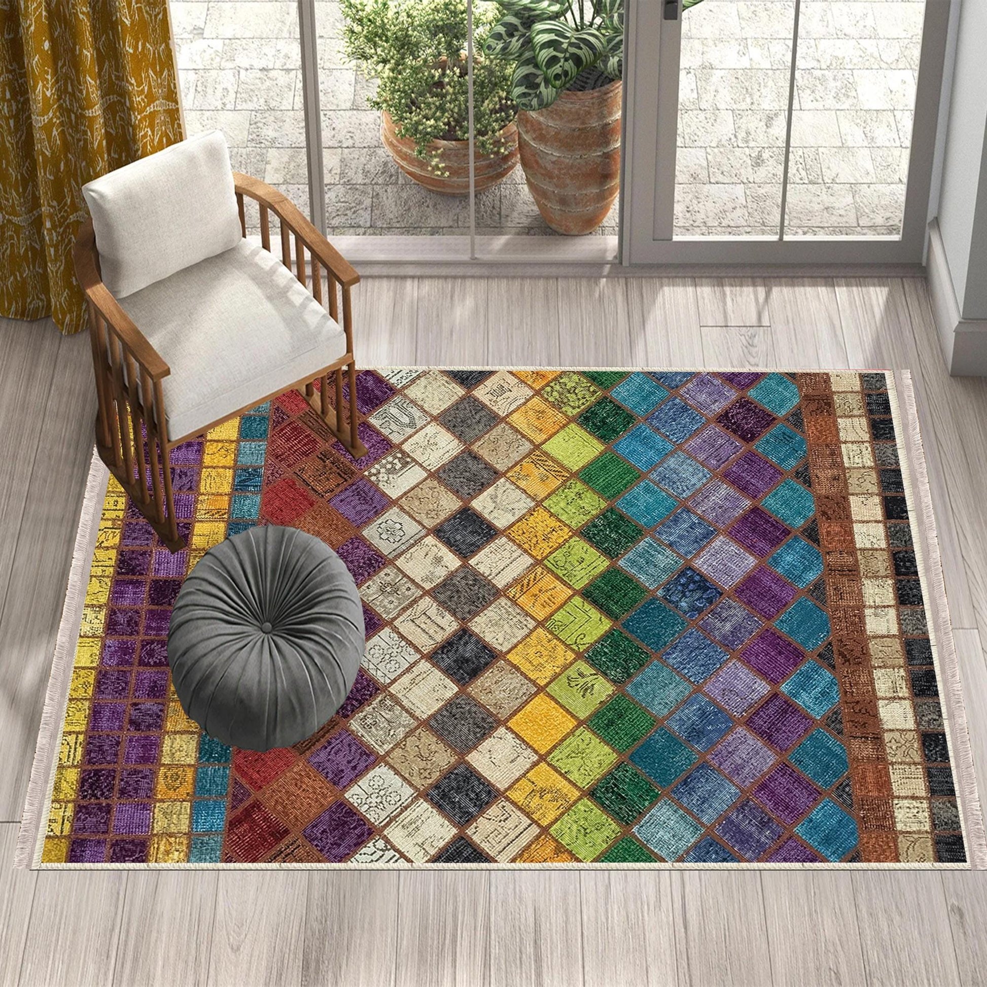 Colorful Retro Patchwork Design Kilim Area Rug Runner, Boho Accent Carpet, Unique Room Mat, Washable Anti-Slip Rug with pillow case gift