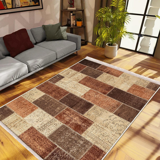 Brown Retro Kilim Area Rug Runner, Boho Patchwork Accent Carpet, Washable Anti-Slip Hallway Mat with Free Pillow Case Gift