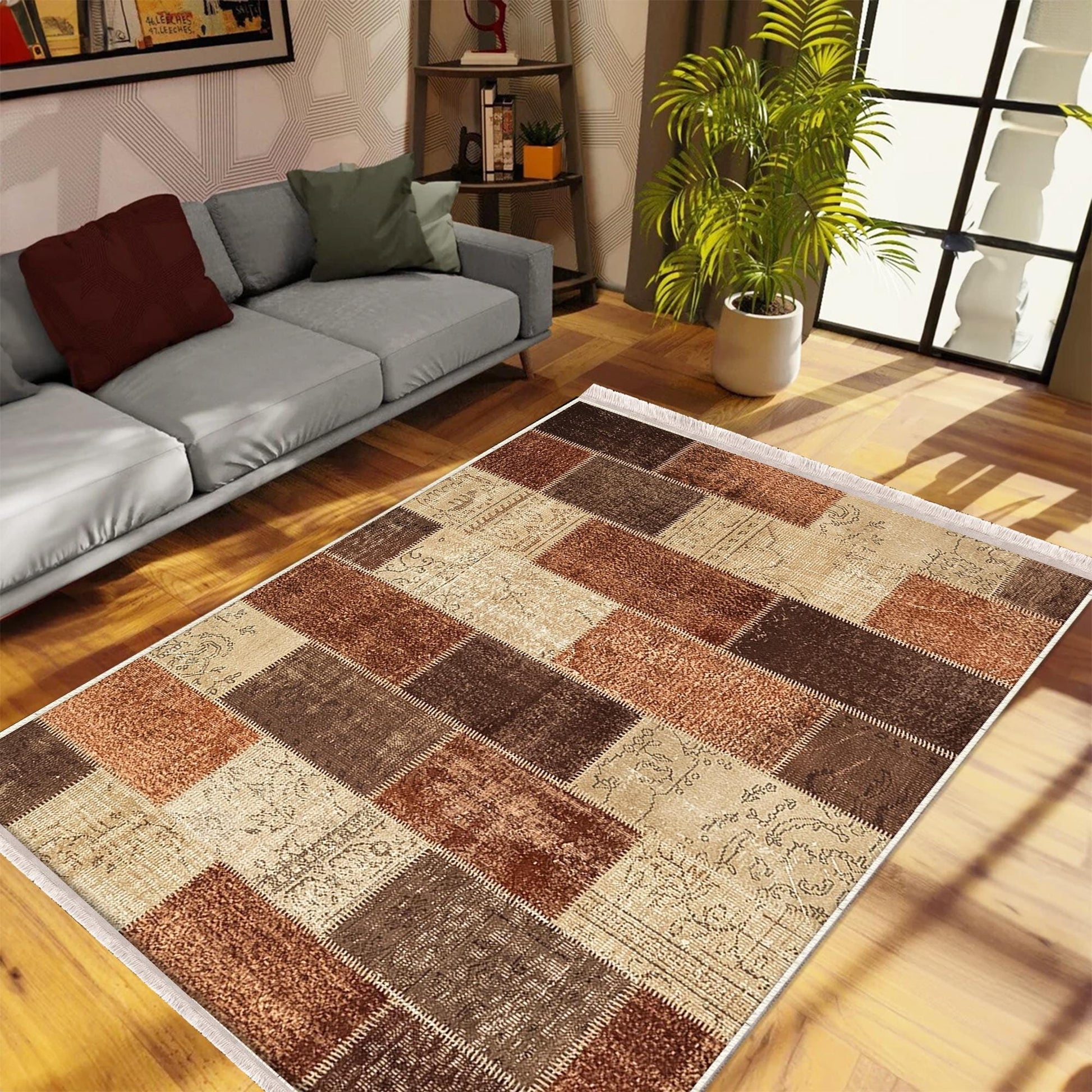 Brown Retro Kilim Area Rug Runner, Boho Patchwork Accent Carpet, Washable Anti-Slip Hallway Mat with Free Pillow Case Gift