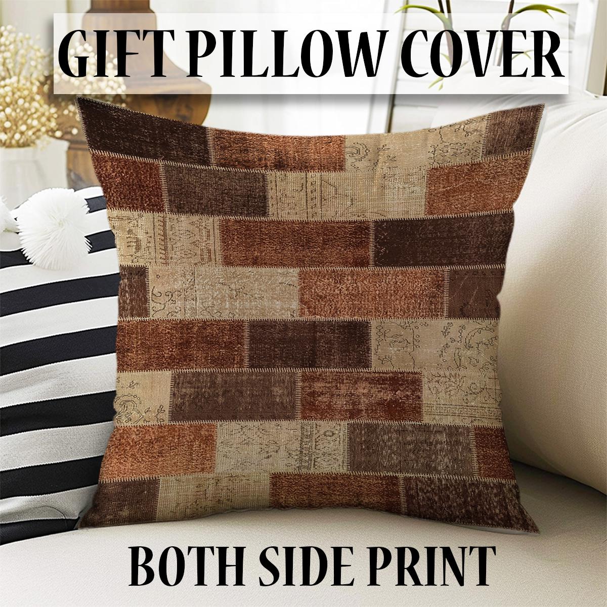 Brown Retro Kilim Area Rug Runner, Boho Patchwork Accent Carpet, Washable Anti-Slip Hallway Mat with Free Pillow Case Gift