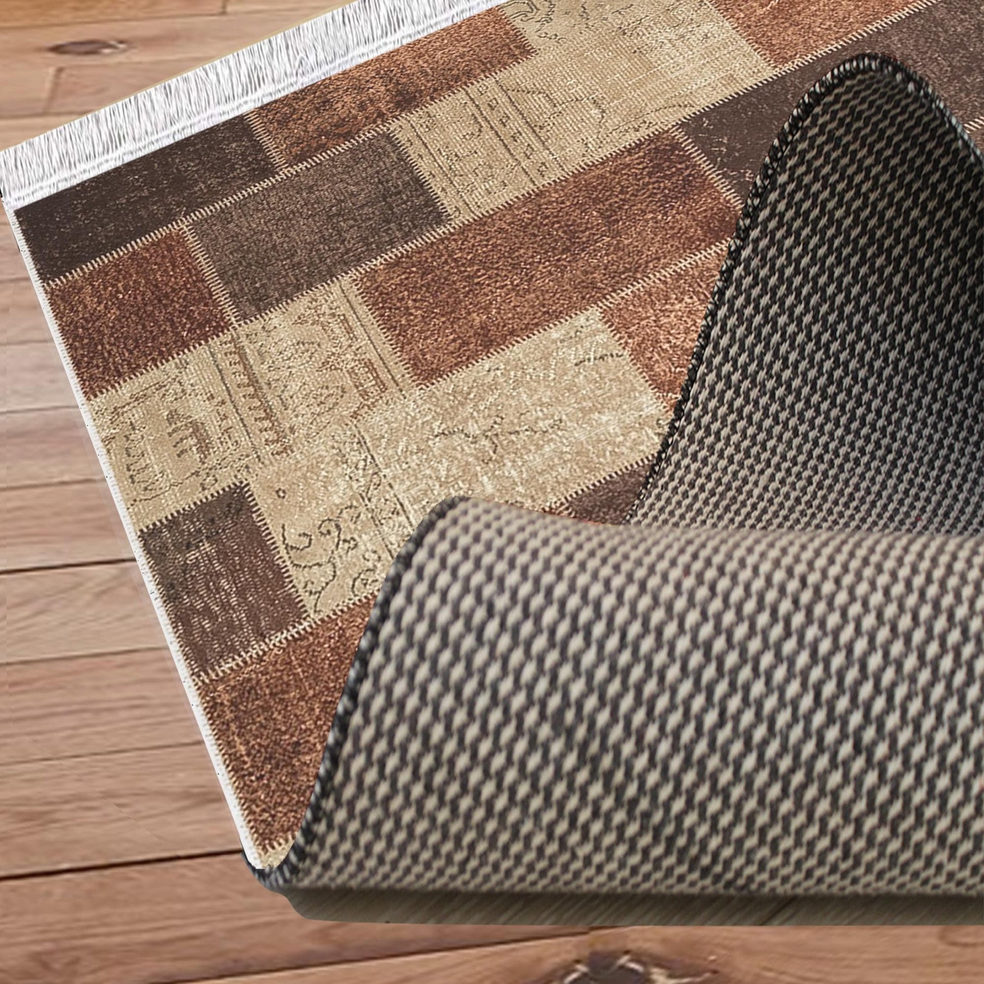 Brown Retro Kilim Area Rug Runner, Boho Patchwork Accent Carpet, Washable Anti-Slip Hallway Mat with Free Pillow Case Gift
