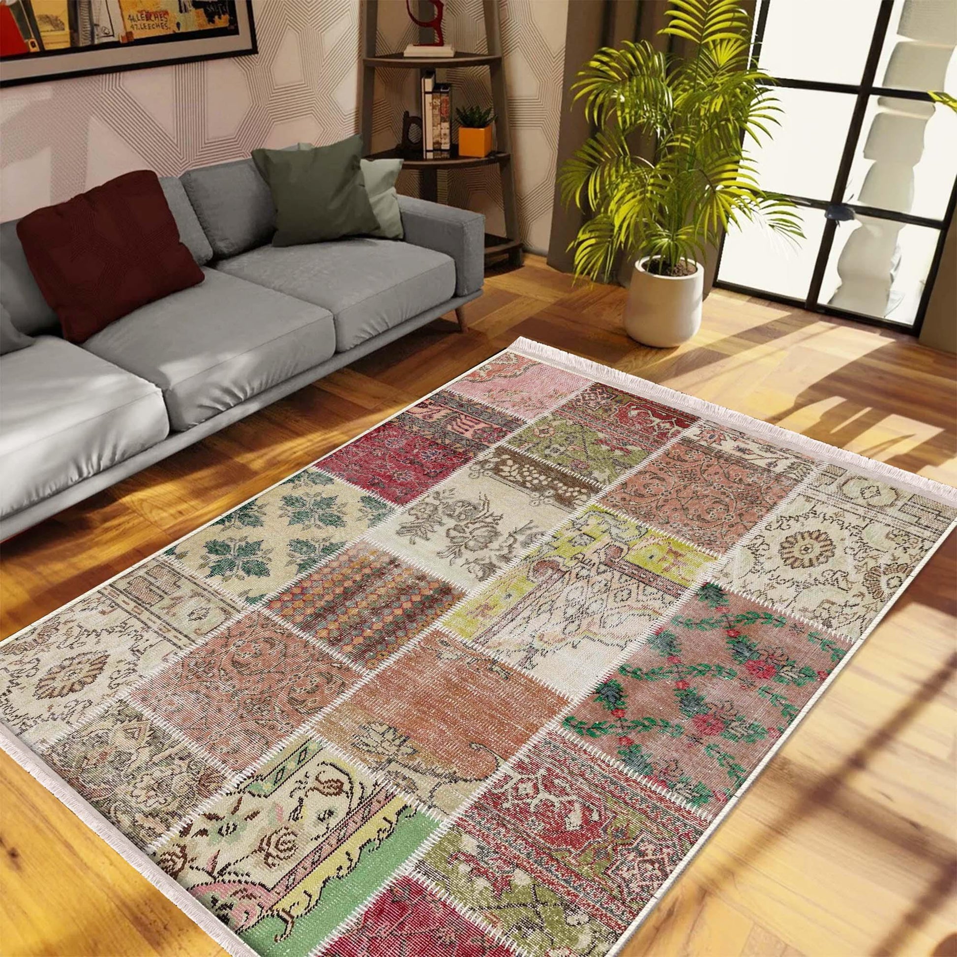 Vintage Retro Patchwork Design Kilim Area Rug Runner, Boho Accent Carpet, Unique Room Mat, Washable Anti-Slip Rug with pillow case gift