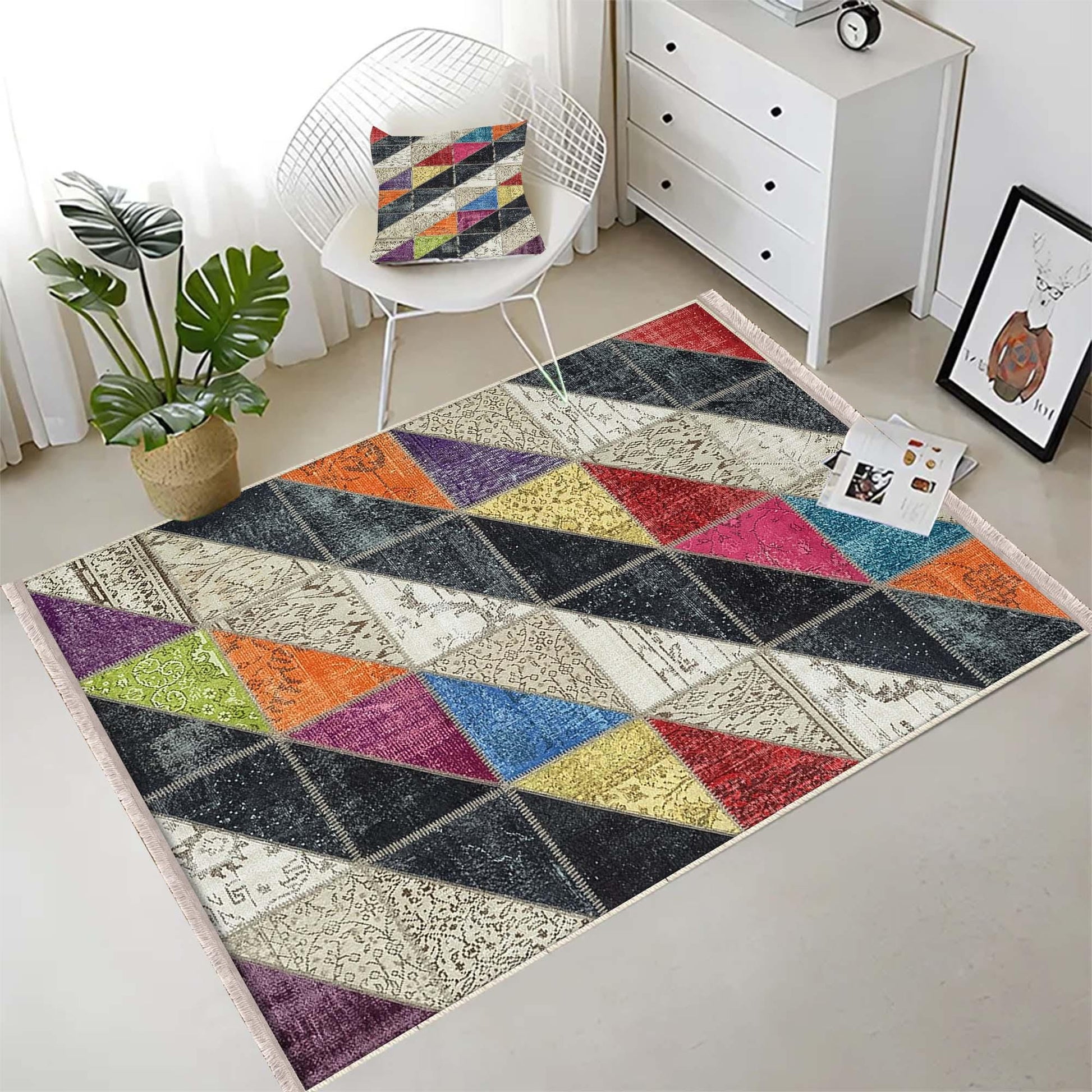 Colorful Geometric Patchwork Design Kilim Area Rug Runner, Boho Accent Carpet, Unique Room Mat, Washable Anti-Slip Rug with pillow case gift