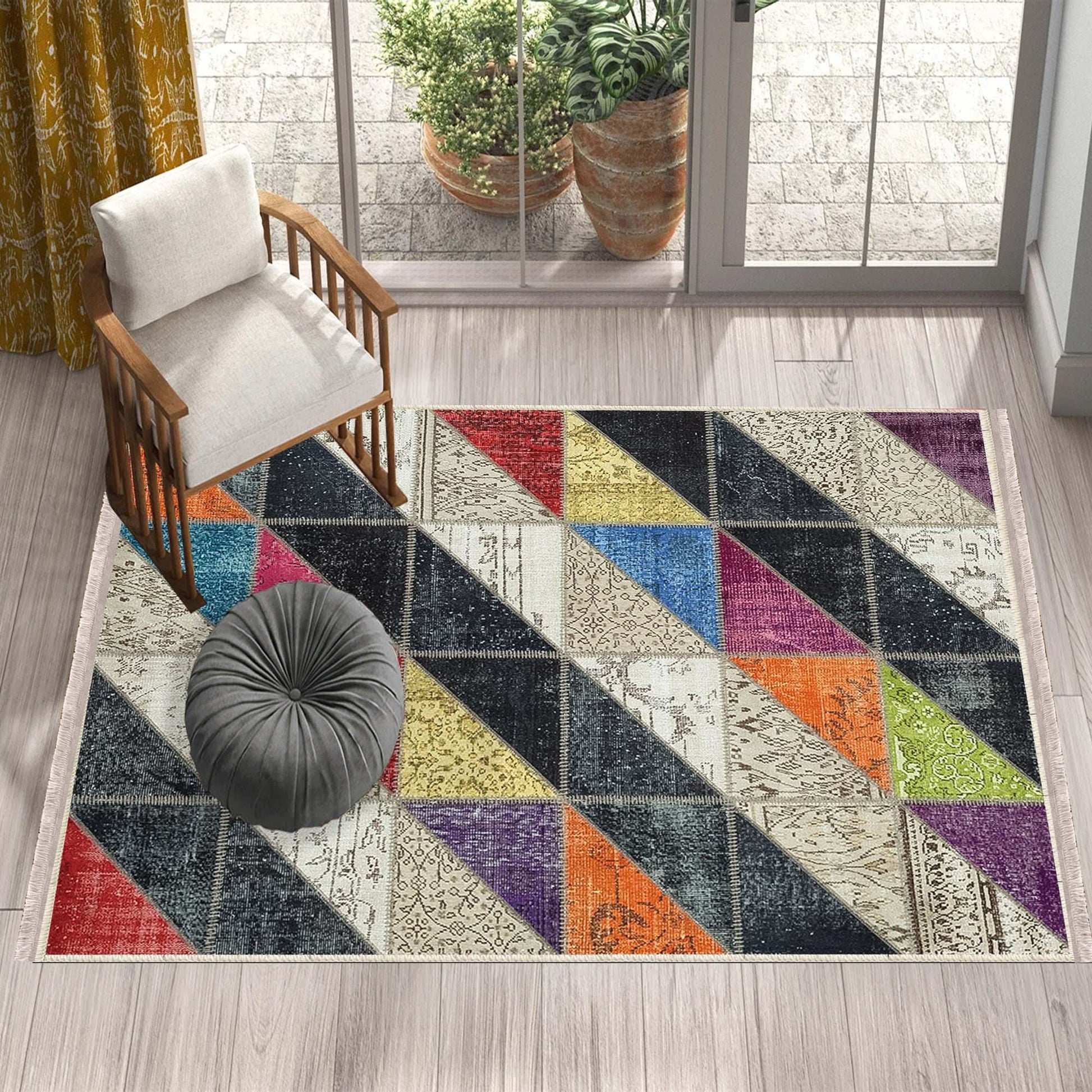 Colorful Geometric Patchwork Design Kilim Area Rug Runner, Boho Accent Carpet, Unique Room Mat, Washable Anti-Slip Rug with pillow case gift