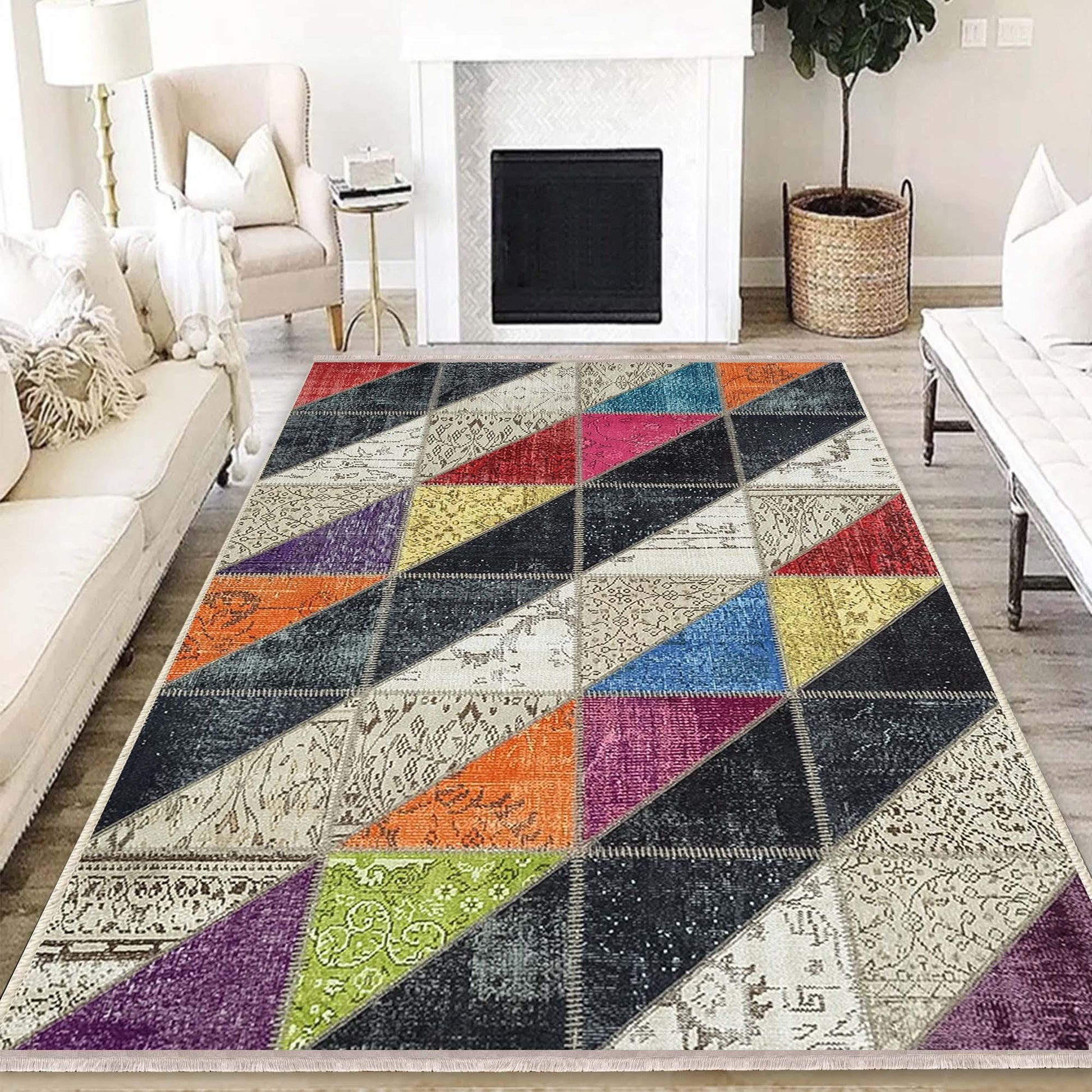 Colorful Geometric Patchwork Design Kilim Area Rug Runner, Boho Accent Carpet, Unique Room Mat, Washable Anti-Slip Rug with pillow case gift