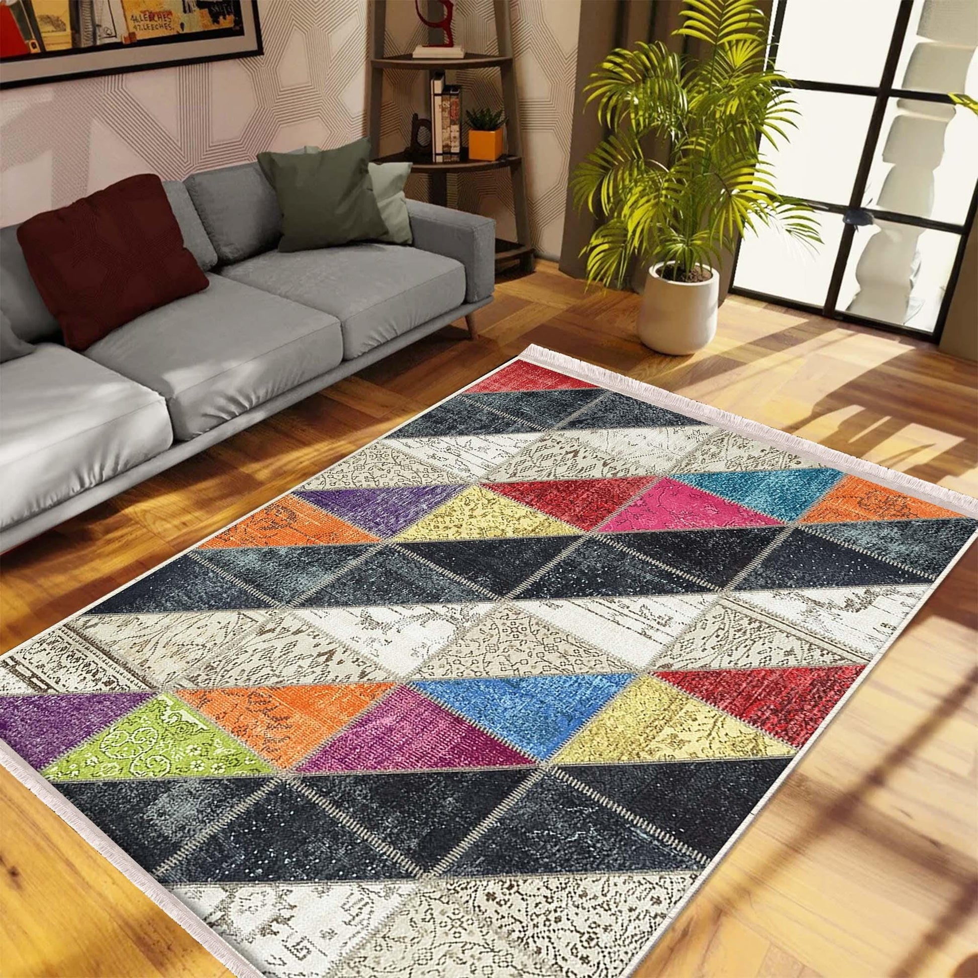 Colorful Geometric Patchwork Design Kilim Area Rug Runner, Boho Accent Carpet, Unique Room Mat, Washable Anti-Slip Rug with pillow case gift