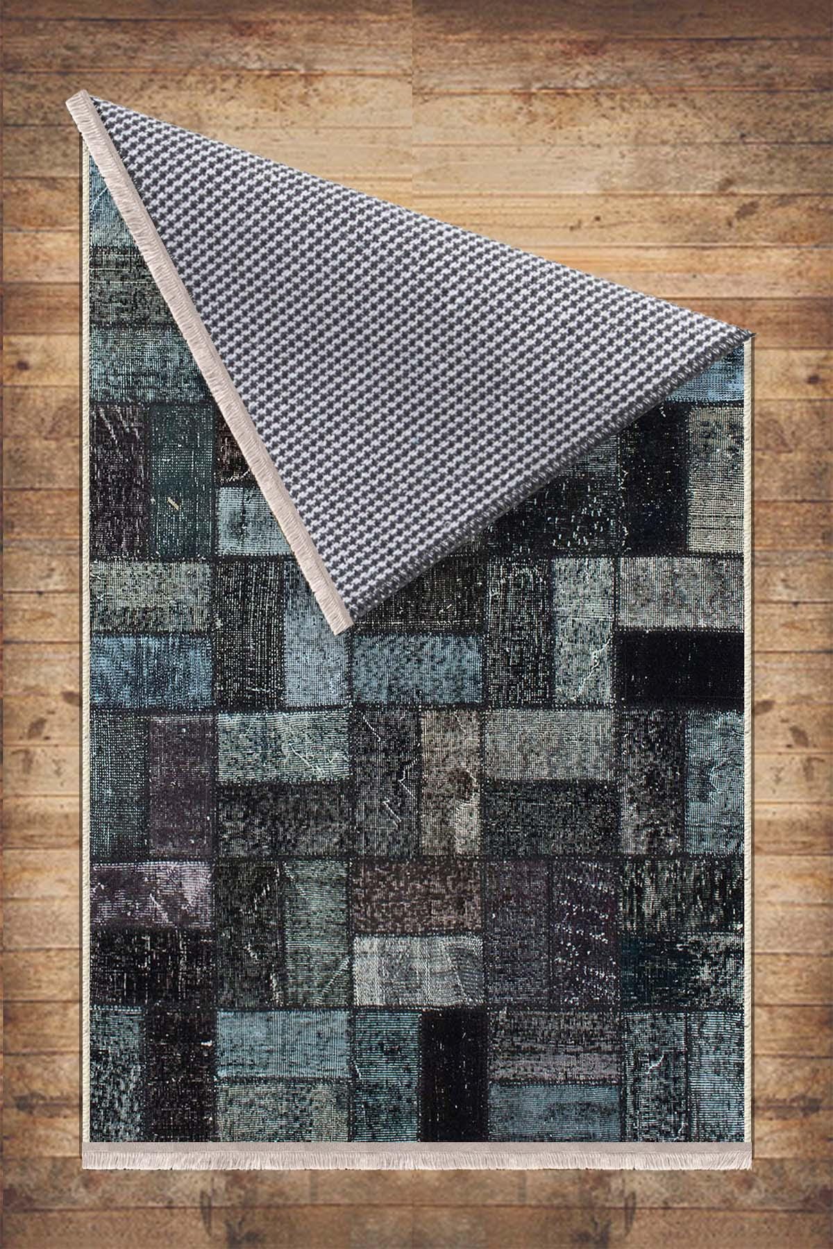 Dark Black Blue Patchwork Design Kilim Area Rug Runner, Boho Accent Carpet, Unique Room Mat, Washable Anti-Slip Rug with pillow case gift
