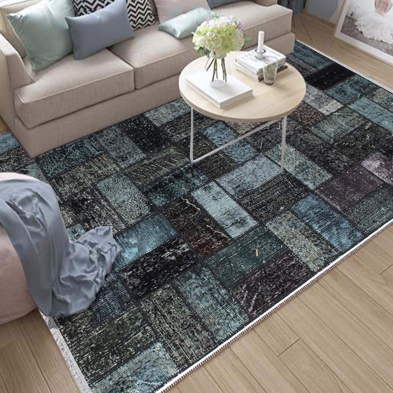 Dark Black Blue Kilim Rug Runner, Boho Patchwork Accent Carpet, Washable Anti-Slip Area Mat with Pillowcase Gift