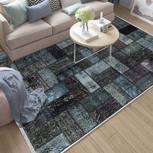 Dark Black Blue Kilim Rug Runner, Boho Patchwork Accent Carpet, Washable Anti-Slip Area Mat with Pillowcase Gift