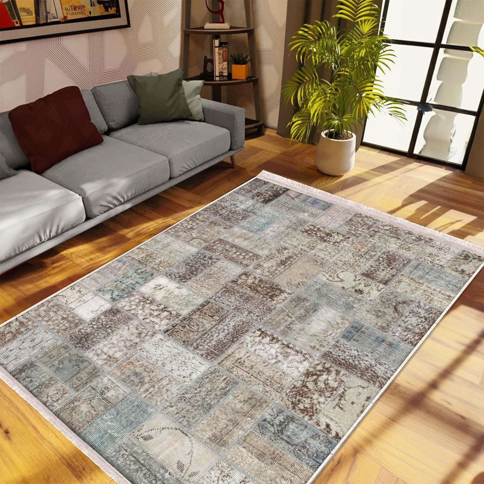 Brown Gray Retro Patchwork Design Kilim Area Rug Runner, Boho Accent Carpet, Unique Room Mat, Washable Anti-Slip Rug with pillow case gift