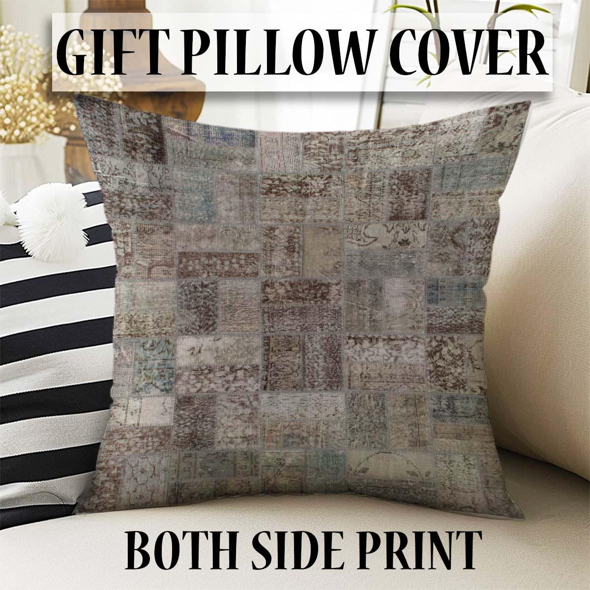Brown Gray Retro Patchwork Design Kilim Area Rug Runner, Boho Accent Carpet, Unique Room Mat, Washable Anti-Slip Rug with pillow case gift