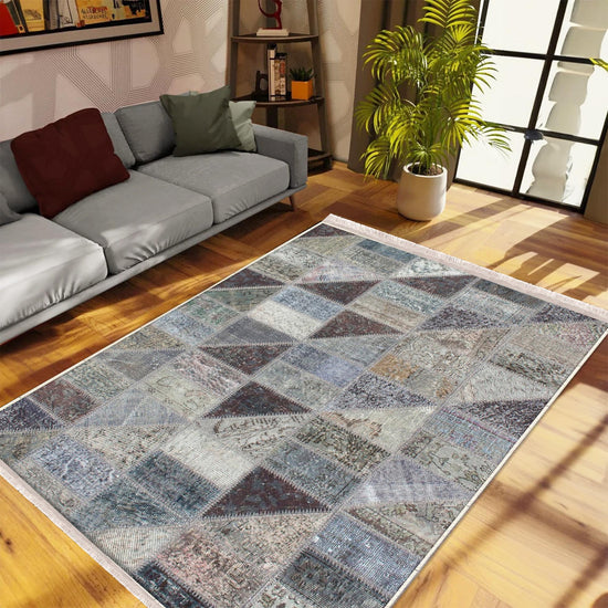 Gray Geometric Patchwork Design Kilim Area Rug Runner, Boho Accent Carpet, Unique Room Mat, Washable Anti-Slip Rug with pillow case gift