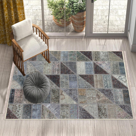 Gray Geometric Patchwork Design Kilim Area Rug Runner, Boho Accent Carpet, Unique Room Mat, Washable Anti-Slip Rug with pillow case gift