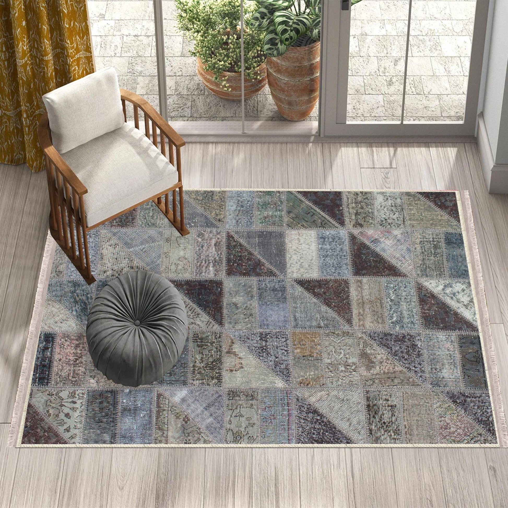 Gray Geometric Patchwork Design Kilim Area Rug Runner, Boho Accent Carpet, Unique Room Mat, Washable Anti-Slip Rug with pillow case gift