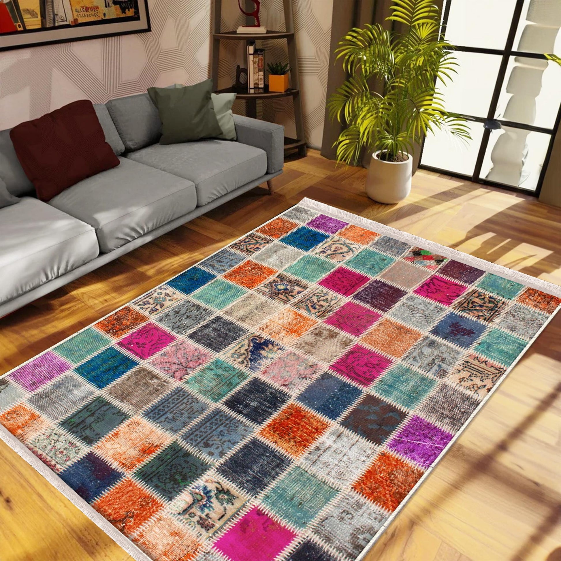 Colorful Ethnic Patchwork Design Kilim Area Rug Runner, Boho Accent Carpet, Unique Room Mat, Washable Anti-Slip Rug with pillow case gift
