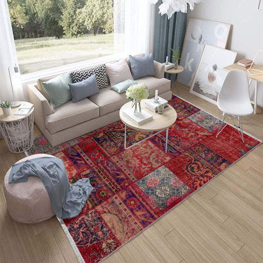 Burgundy Red Patchwork Design Kilim Area Rug Runner, Boho Accent Carpet, Unique Room Mat, Washable Anti-Slip Rug with pillow case gift