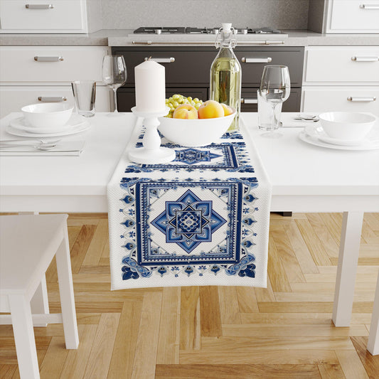 Table Runner Blue Ethnic Ottoman Turkish Pattern, Authentic Retro Farmhouse Home Decor, Traditional Textile Accent