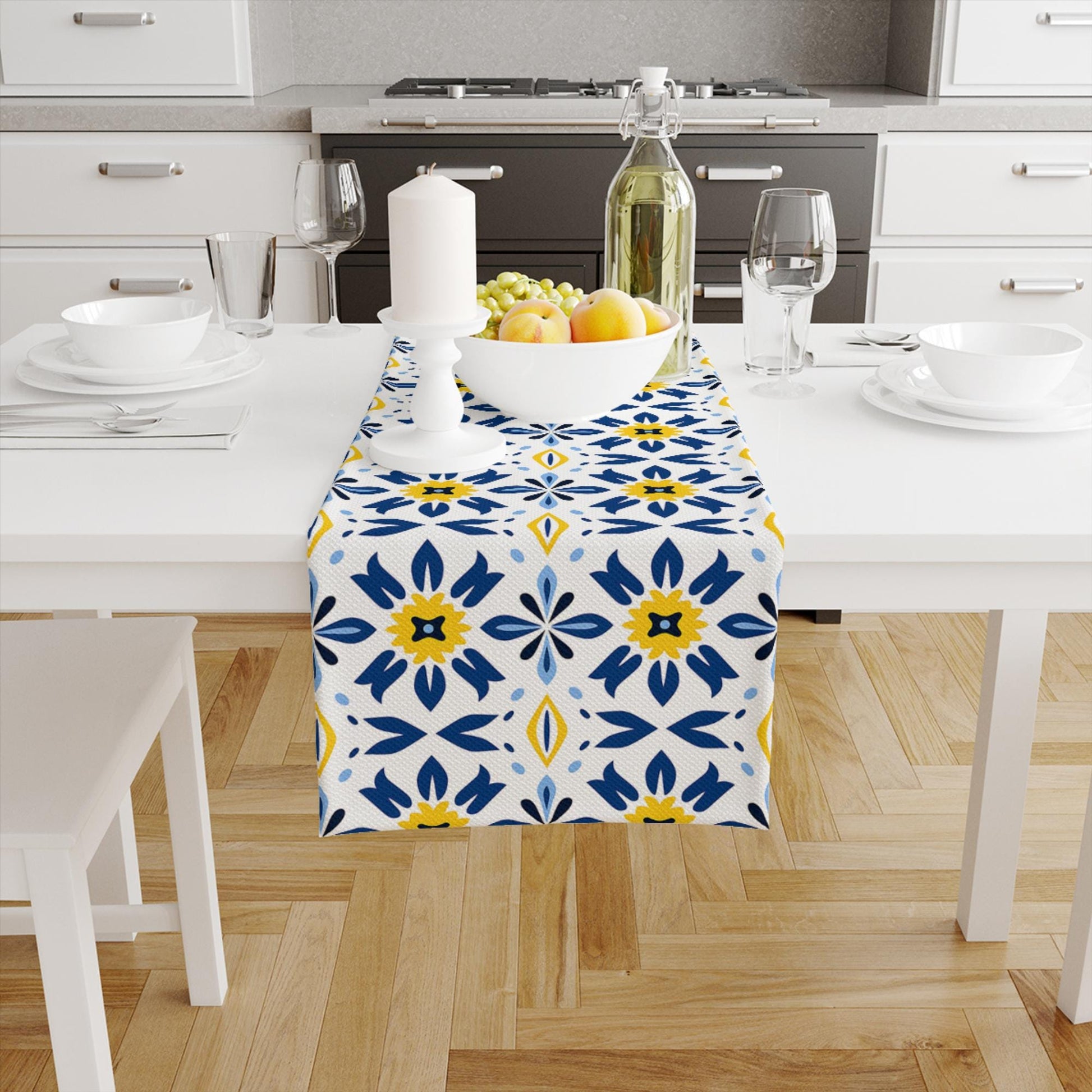 Table Runner Blue Yellow Geometric Floral Ethnic Ottoman Turkish Pattern, Authentic Retro Farmhouse Home Decor, Traditional Textile Accent