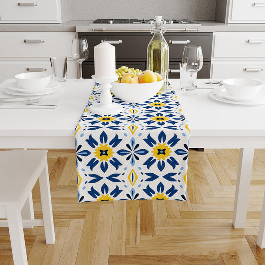 Table Runner Blue Yellow Geometric Floral Ethnic Ottoman Turkish Pattern, Authentic Retro Farmhouse Home Decor, Traditional Textile Accent