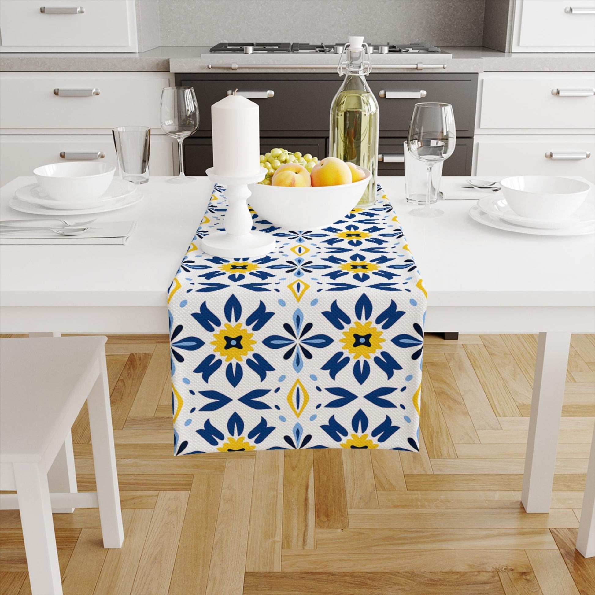 Table Runner Blue Yellow Geometric Floral Ethnic Ottoman Turkish Pattern, Authentic Retro Farmhouse Home Decor, Traditional Textile Accent