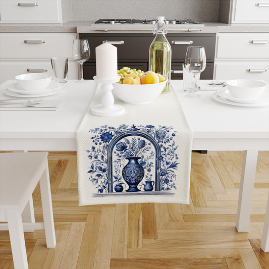 Table Runner Blue Vintage Vase Floral Ethnic Ottoman Turkish Pattern, Retro Farmhouse Decor, Traditional Textile Accent
