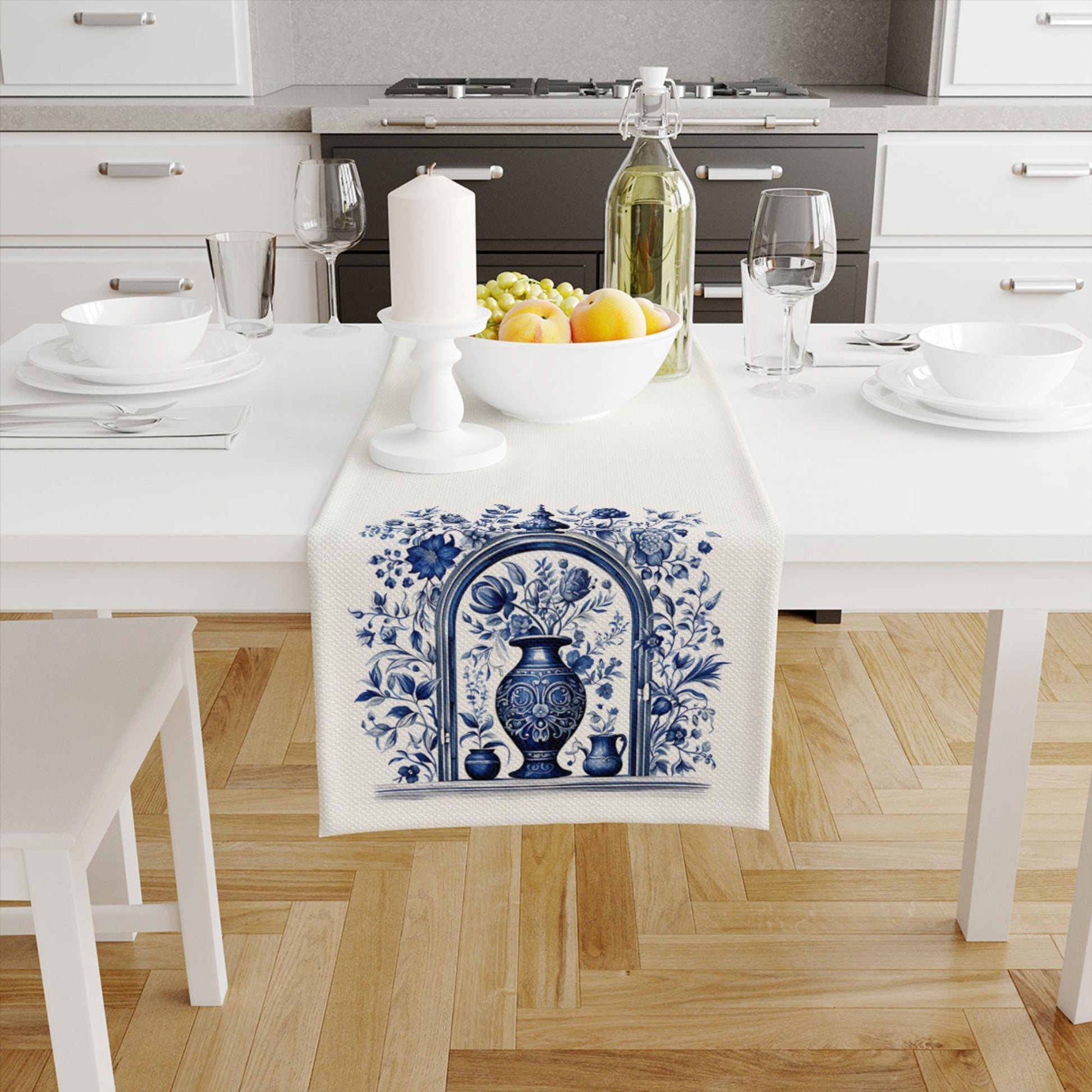 Table Runner Blue Vintage Vase Floral Ethnic Ottoman Turkish Pattern, Retro Farmhouse Decor, Traditional Textile Accent