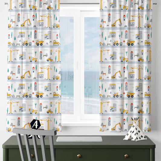 Road Construction Vehicles Kids Curtains with Pillowcase – Crane Bulldozer Excavator Nursery Rod Pocket Curtain for Boys Room, Custom Sizes