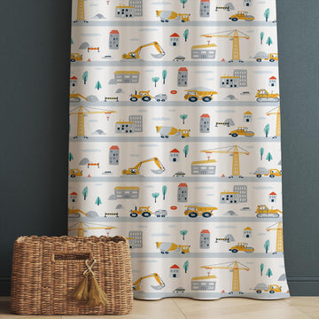 Road Construction Vehicles Kids Curtains with Pillowcase – Crane Bulldozer Excavator Nursery Rod Pocket Curtain for Boys Room, Custom Sizes
