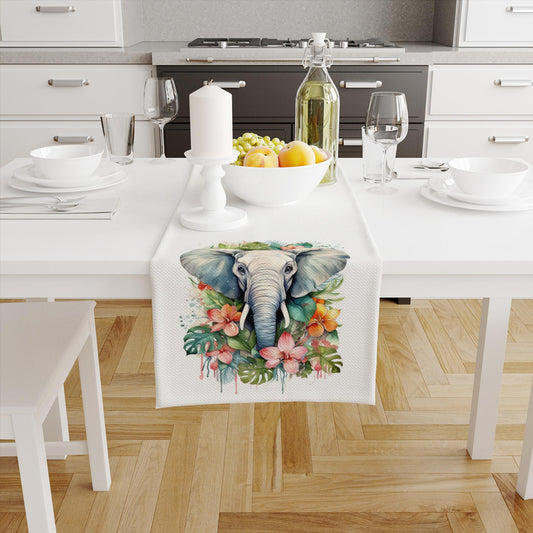 Table Runner Elephant Floral Flowers Pattern, Retro Farmhouse Decor, Traditional Textile Accent for Dining & Home
