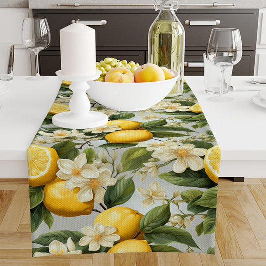 Table Runner Green Leaves Yellow Lemons Summer Pattern, Retro Farmhouse Decor, Traditional Textile Accent for Dining & Home