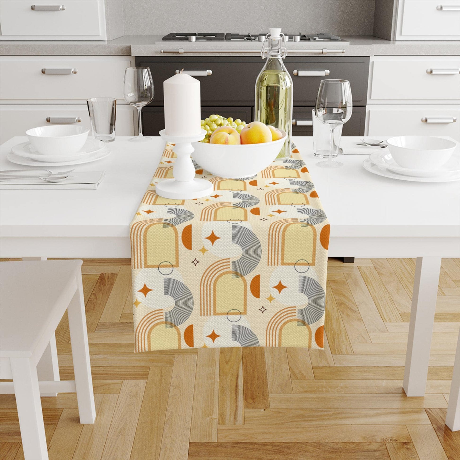 Table Runner Yellow Orange Minimal Bohemian Pattern, Retro Farmhouse Decor, Traditional Textile Accent for Dining & Home