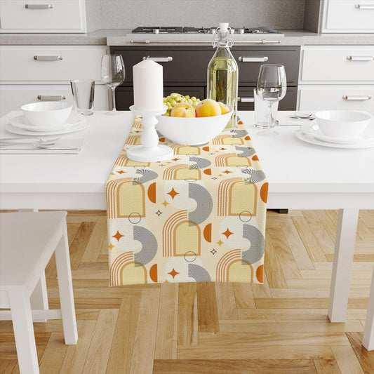 Table Runner Yellow Orange Minimal Bohemian Pattern, Retro Farmhouse Decor, Traditional Textile Accent for Dining & Home