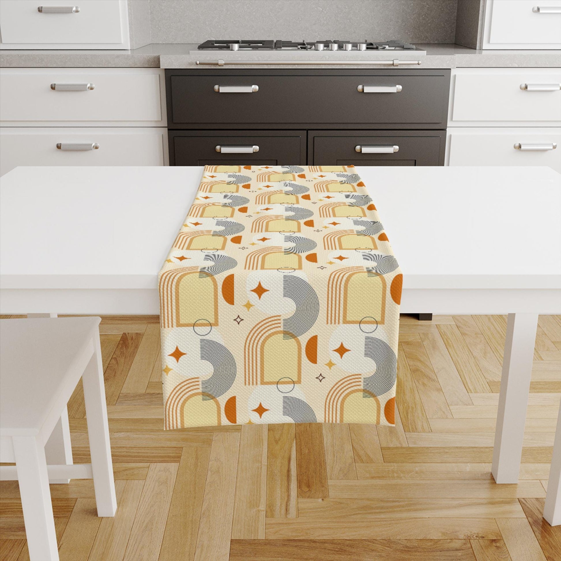 Table Runner Yellow Orange Minimal Bohemian Pattern, Retro Farmhouse Decor, Traditional Textile Accent for Dining & Home