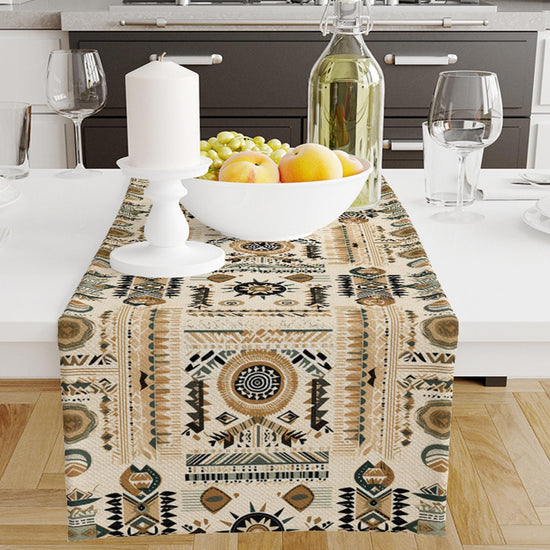 Table Runner Brown Aztec Bohemian Pattern, Retro Farmhouse Decor, Traditional Textile Accent for Dining & Home