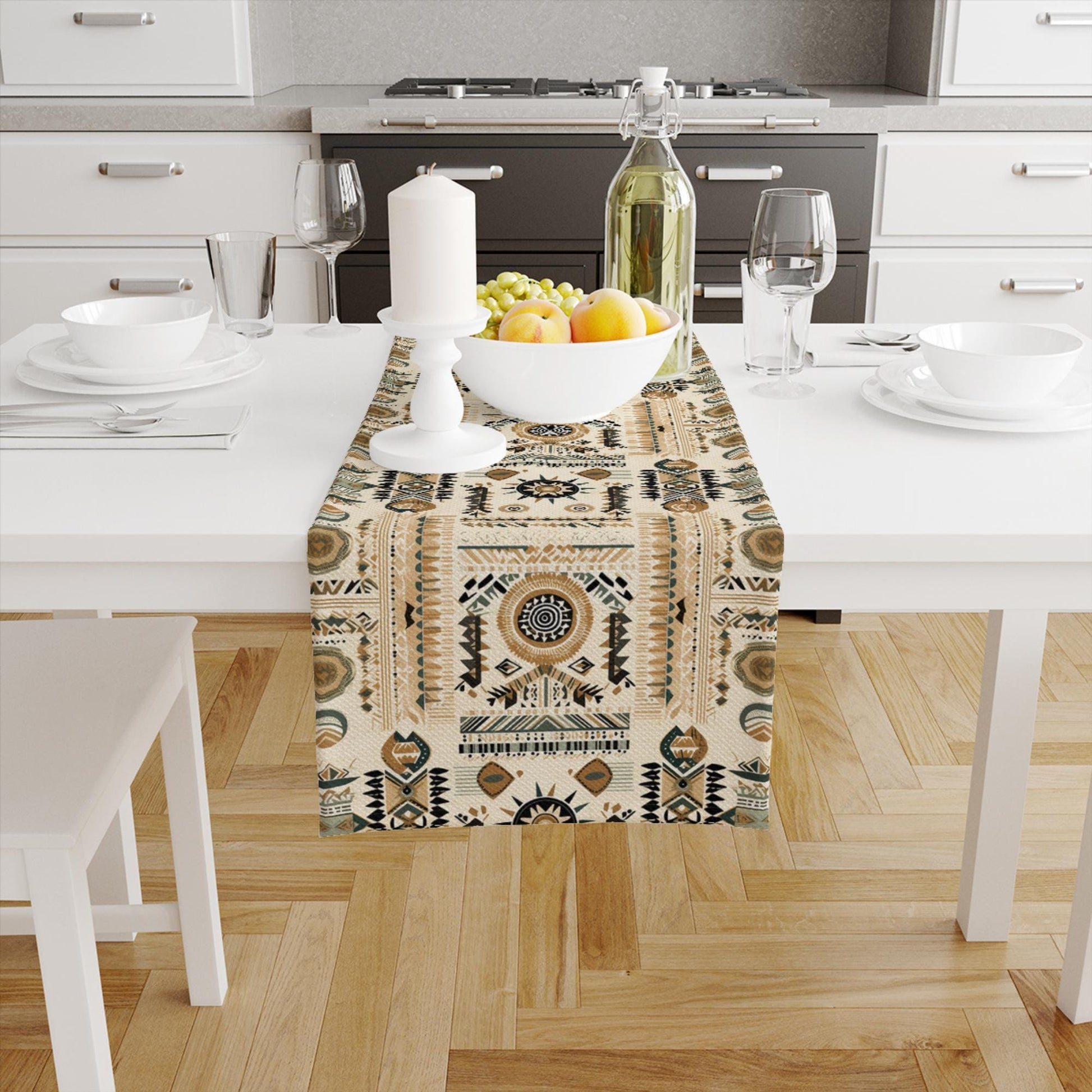 Table Runner Brown Aztec Bohemian Pattern, Retro Farmhouse Decor, Traditional Textile Accent for Dining & Home
