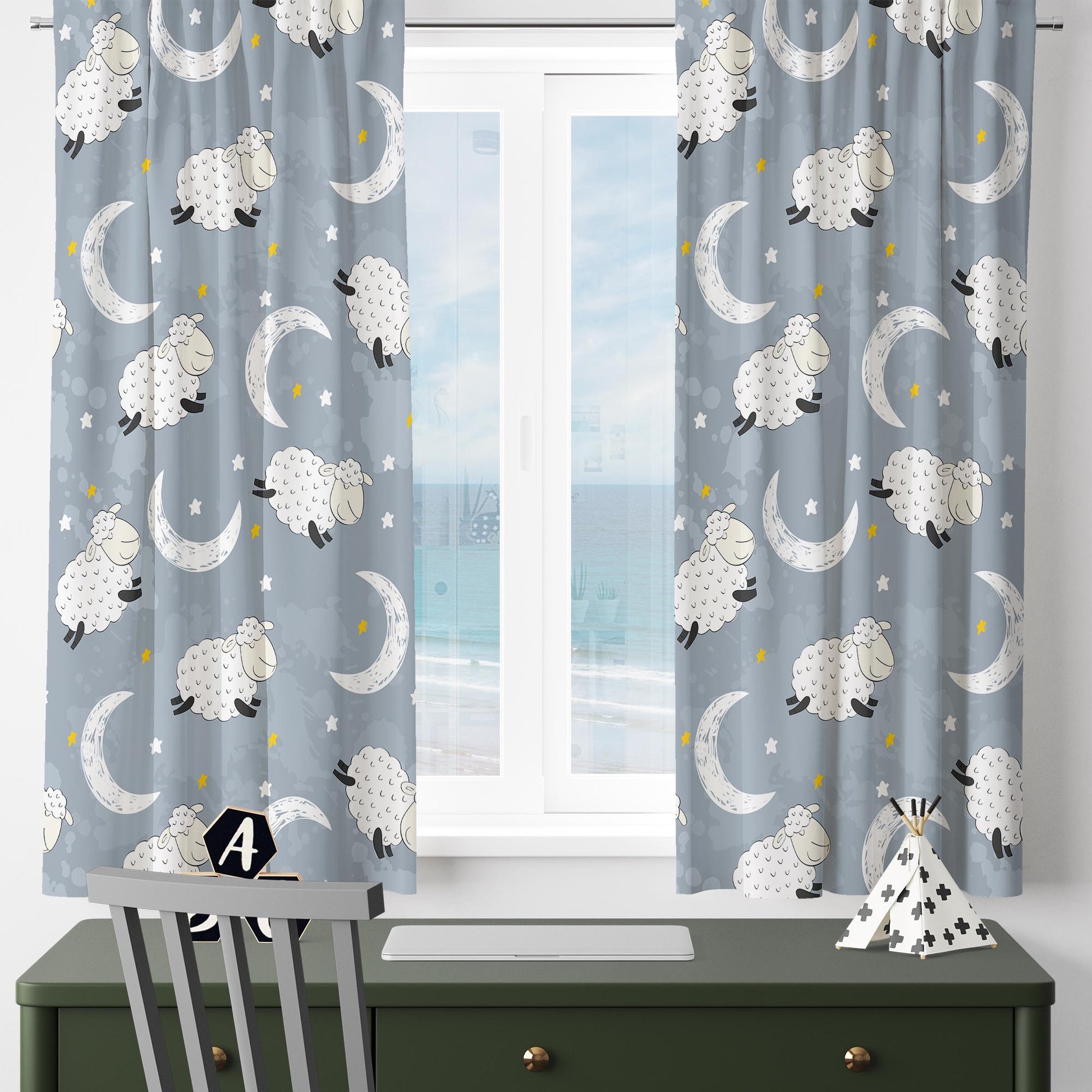 Kids Nursery Curtains with Gray White Moon Stars Sheep Lamb Design & Gift Pillowcase, Custom Sizes, Cozy Child Room Decor