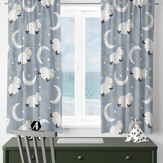 Kids Nursery Curtains with Gray White Moon Stars Sheep Lamb Design & Gift Pillowcase, Custom Sizes, Cozy Child Room Decor