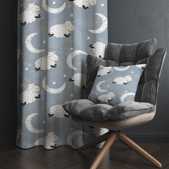 Kids Nursery Curtains with Gray White Moon Stars Sheep Lamb Design & Gift Pillowcase, Custom Sizes, Cozy Child Room Decor