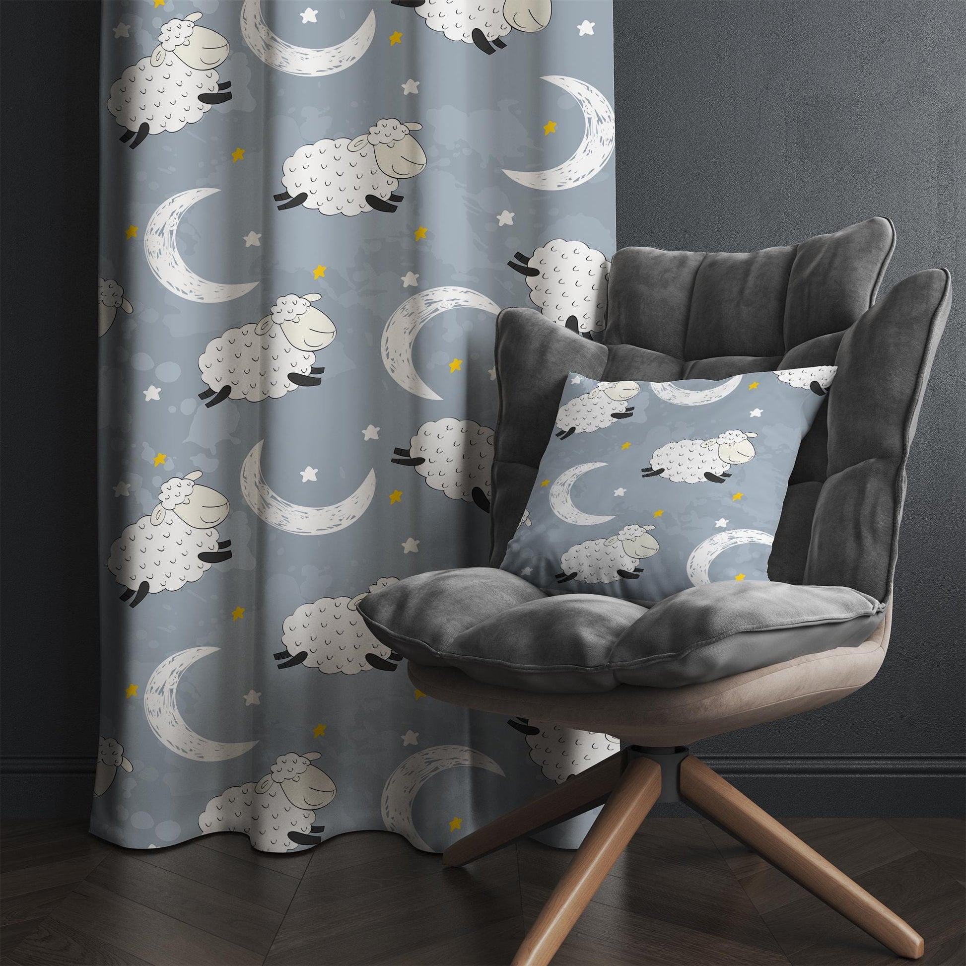 Kids Nursery Curtains with Gray White Moon Stars Sheep Lamb Design & Gift Pillowcase, Custom Sizes, Cozy Child Room Decor