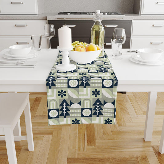 Table Runner Blue Green Gray Trees Pattern, Natural Farmhouse Decor, Traditional Textile Accent for Dining & Home