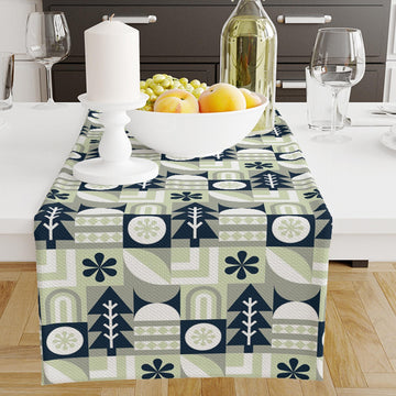 Table Runner Blue Green Gray Trees Pattern, Natural Farmhouse Decor, Traditional Textile Accent for Dining & Home
