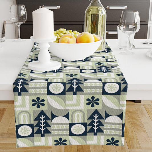 Table Runner Blue Green Gray Trees Pattern, Natural Farmhouse Decor, Traditional Textile Accent for Dining & Home