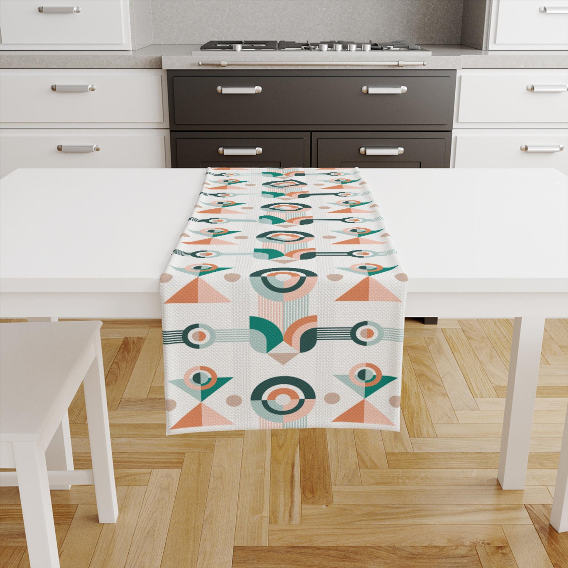 Table Runner Green Orange Geometric Pattern, Minimal Farmhouse Decor, Traditional Textile Accent for Dining & Home