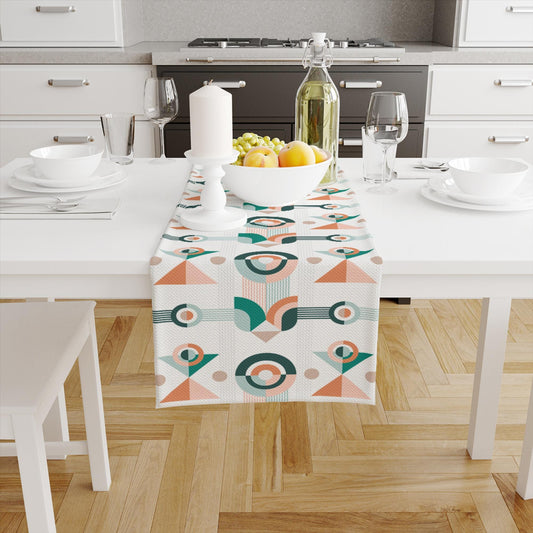 Table Runner Green Orange Geometric Pattern, Minimal Farmhouse Decor, Traditional Textile Accent for Dining & Home