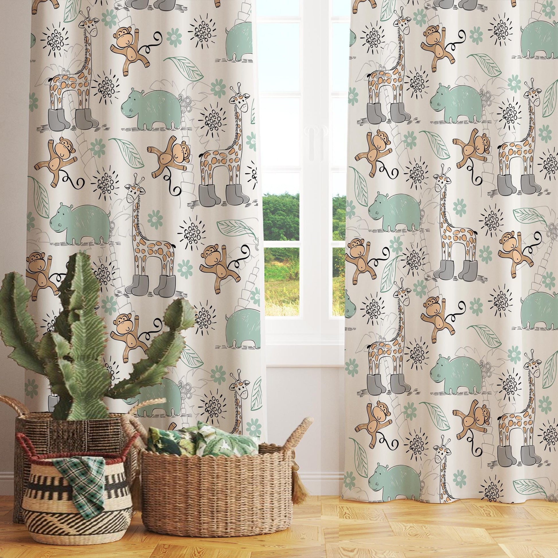Safari Jungle Nursery Curtains with Cute Giraffe, Monkey & Hippo - Custom Size Rod Pocket Window Drapes for Kids Room