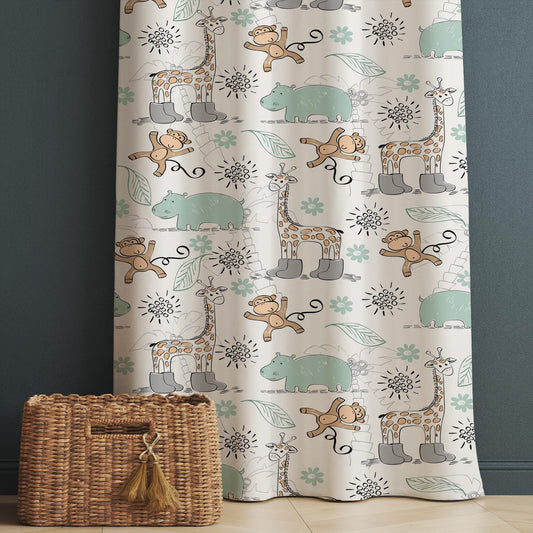 Safari Jungle Nursery Curtains with Cute Giraffe, Monkey & Hippo - Custom Size Rod Pocket Window Drapes for Kids Room
