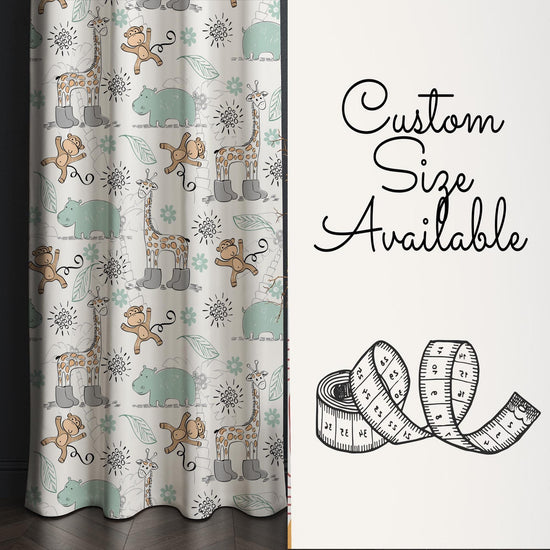 Safari Jungle Nursery Curtains with Cute Giraffe, Monkey & Hippo - Custom Size Rod Pocket Window Drapes for Kids Room