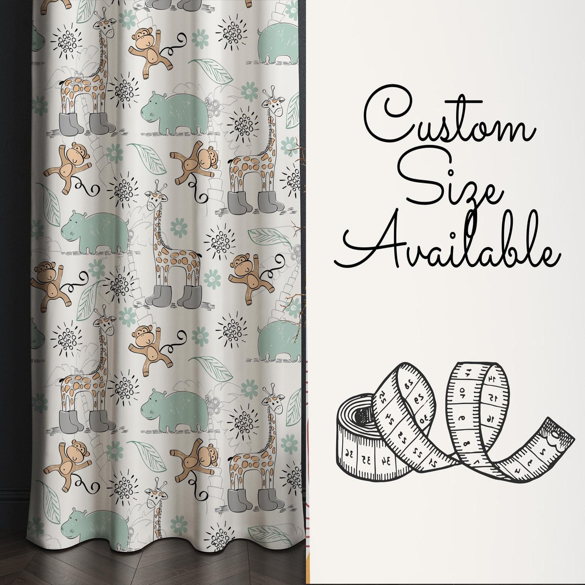 Safari Jungle Nursery Curtains with Cute Giraffe, Monkey & Hippo - Custom Size Rod Pocket Window Drapes for Kids Room