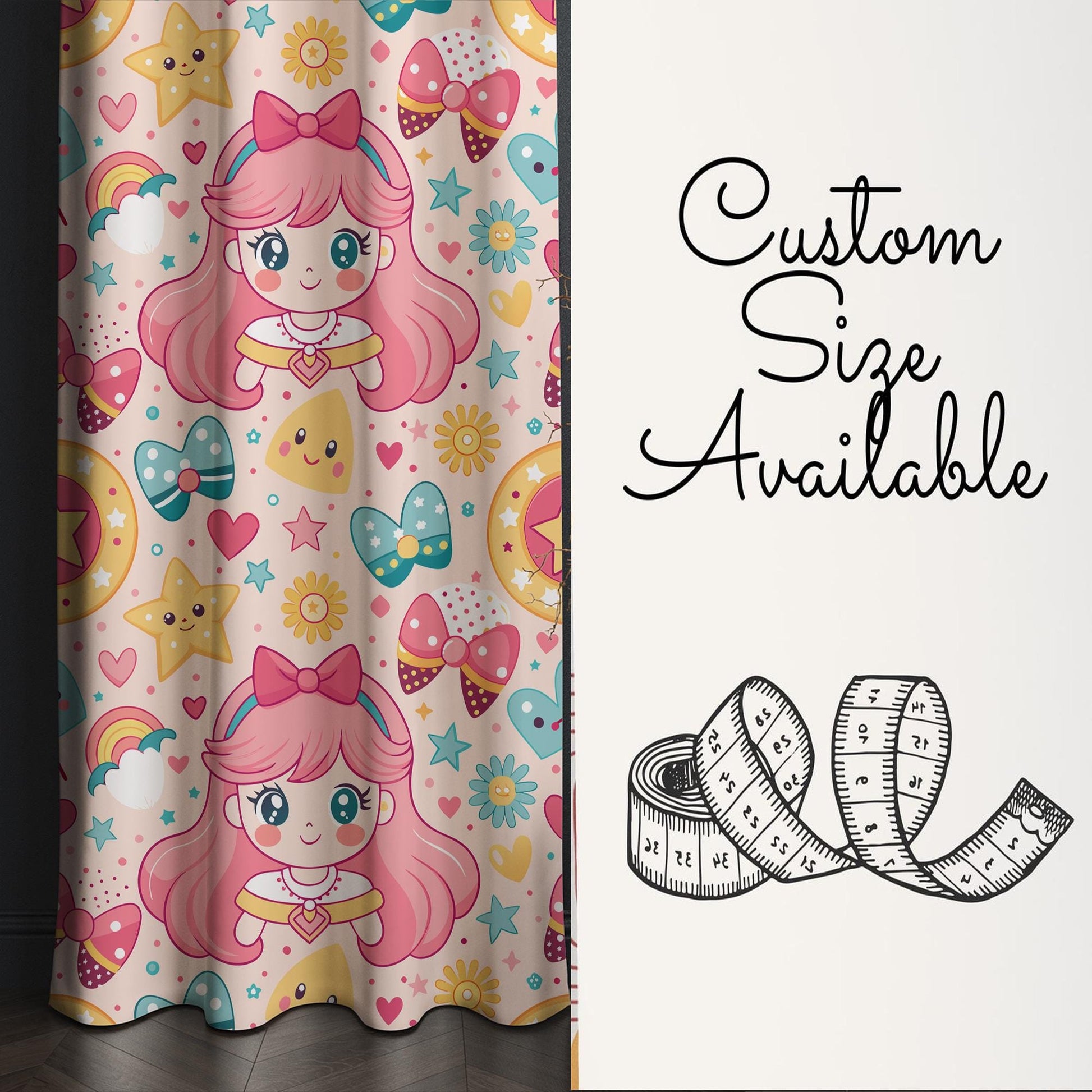 Pink Princess Nursery Curtain for Girls Room - Custom Size Anime Kids Colorful Window Drapes & Kids Room Decor